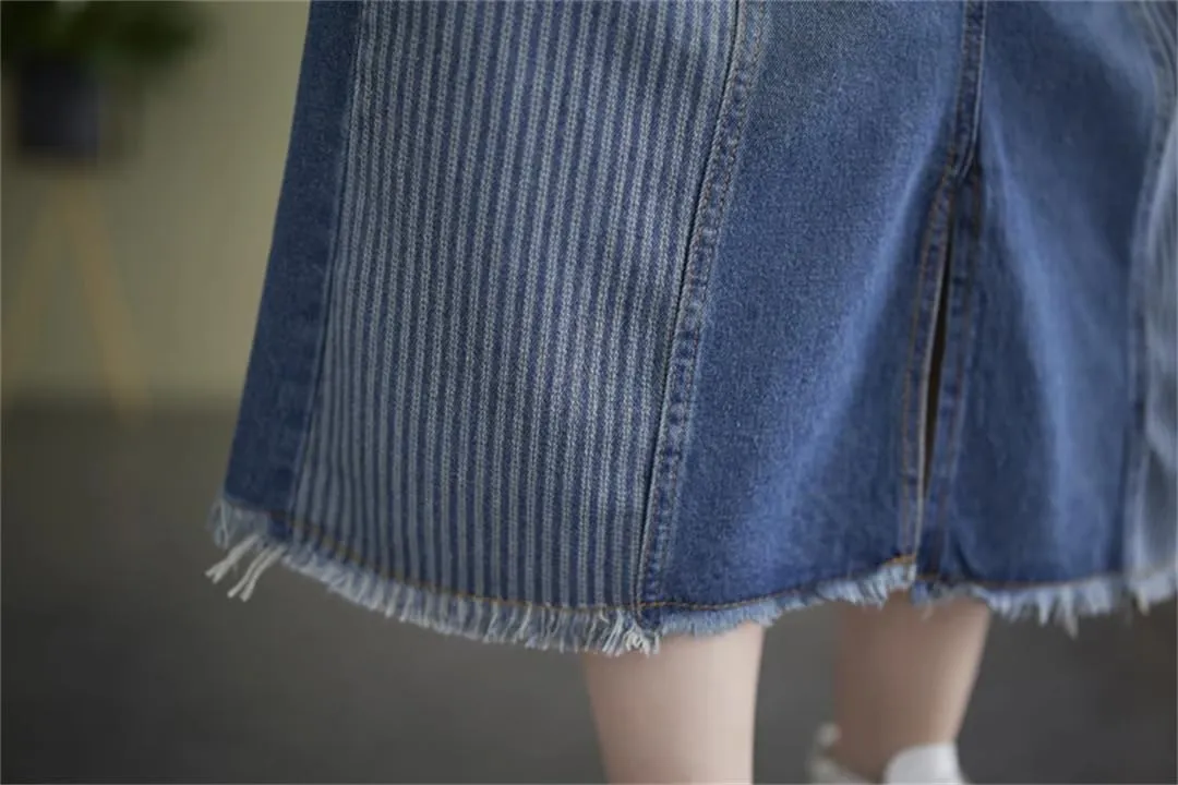 Women Denim Striped Patchwork Skirt Midi A-Line Ruffle Pleated Skirt Loose Casual Skirt