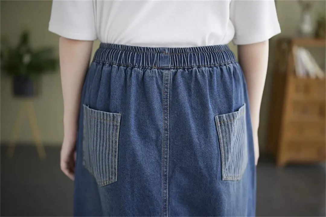 Women Denim Striped Patchwork Skirt Midi A-Line Ruffle Pleated Skirt Loose Casual Skirt