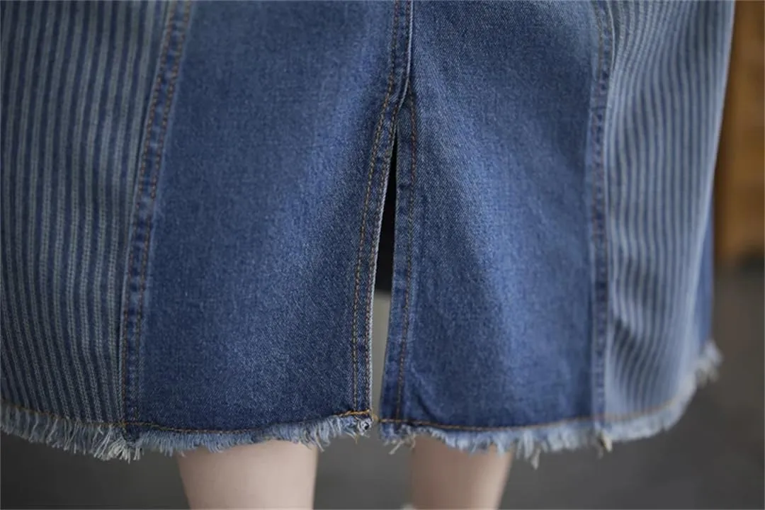 Women Denim Striped Patchwork Skirt Midi A-Line Ruffle Pleated Skirt Loose Casual Skirt