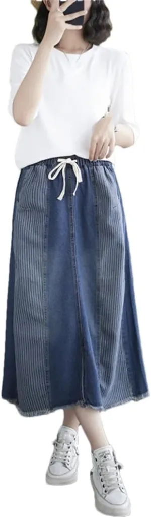 Women Denim Striped Patchwork Skirt Midi A-Line Ruffle Pleated Skirt Loose Casual Skirt