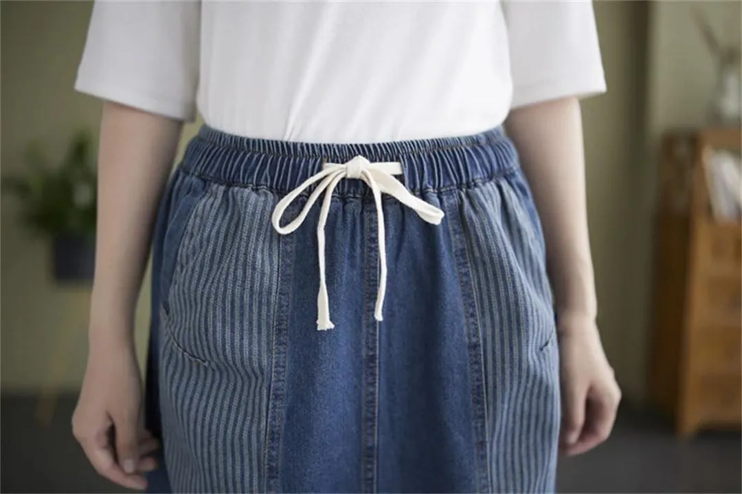 Women Denim Striped Patchwork Skirt Midi A-Line Ruffle Pleated Skirt Loose Casual Skirt