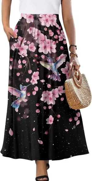 Women Flowy Long Skirts Summer Beach Pleated Elastic High Waisted Casual Maxi Skirts with Pockets Size S-2XL