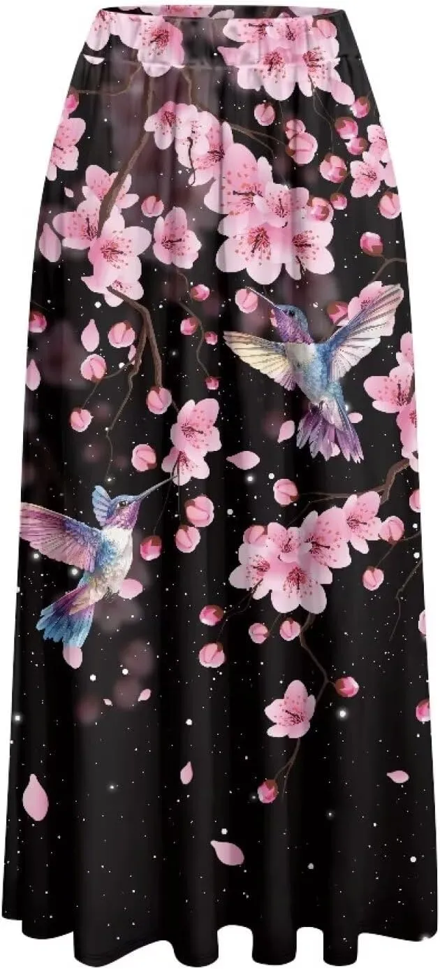 Women Flowy Long Skirts Summer Beach Pleated Elastic High Waisted Casual Maxi Skirts with Pockets Size S-2XL