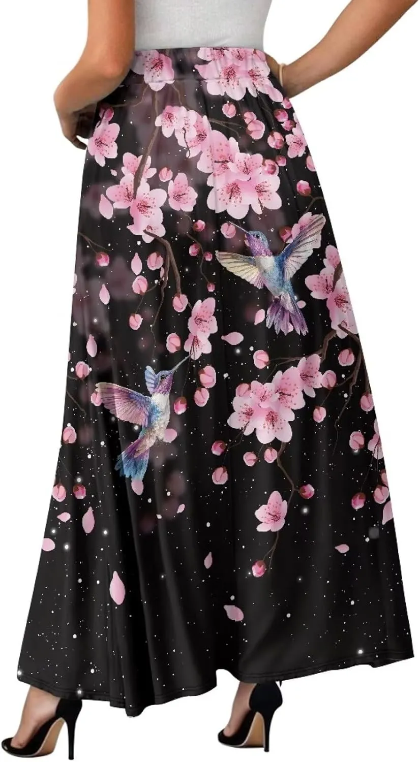 Women Flowy Long Skirts Summer Beach Pleated Elastic High Waisted Casual Maxi Skirts with Pockets Size S-2XL