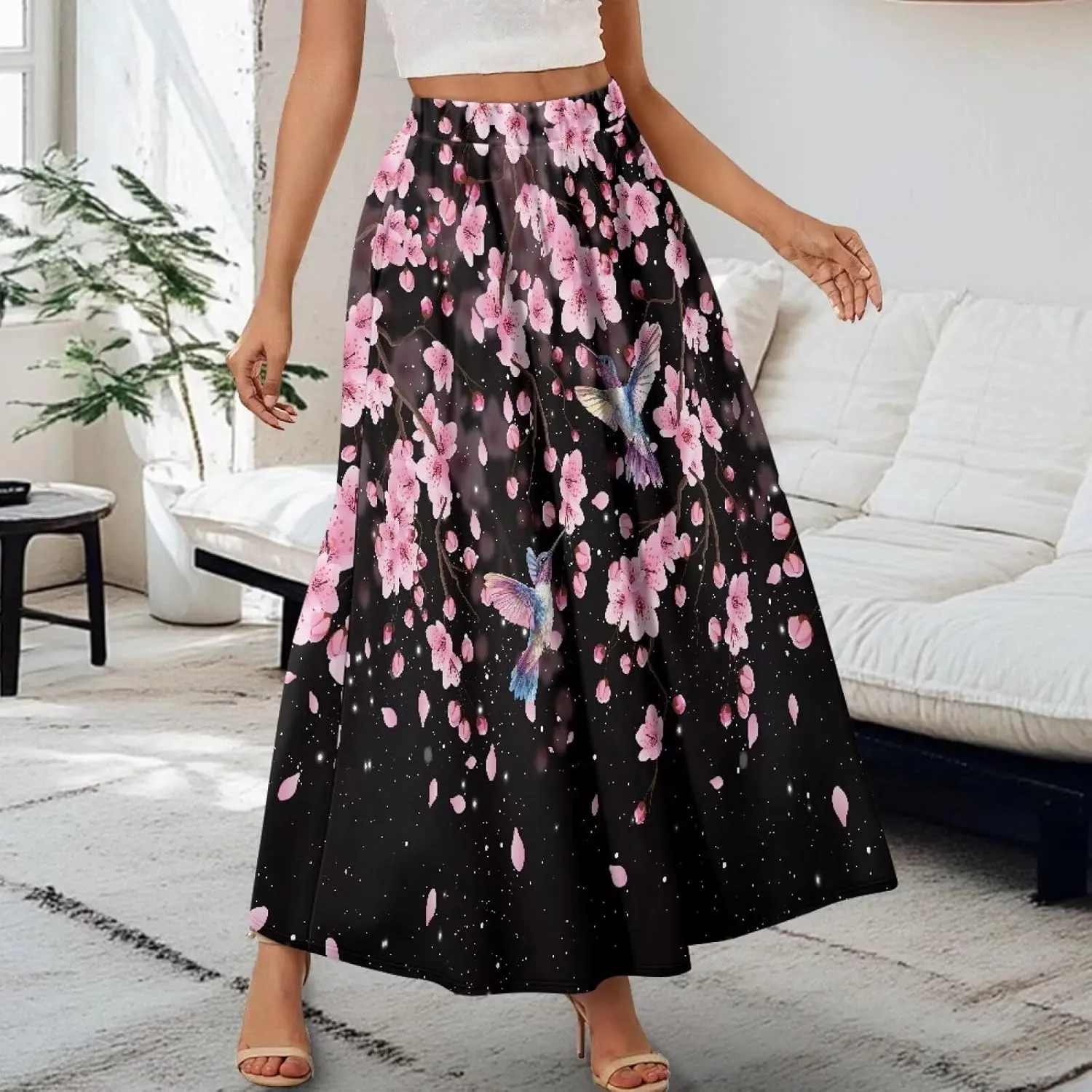 Women Flowy Long Skirts Summer Beach Pleated Elastic High Waisted Casual Maxi Skirts with Pockets Size S-2XL
