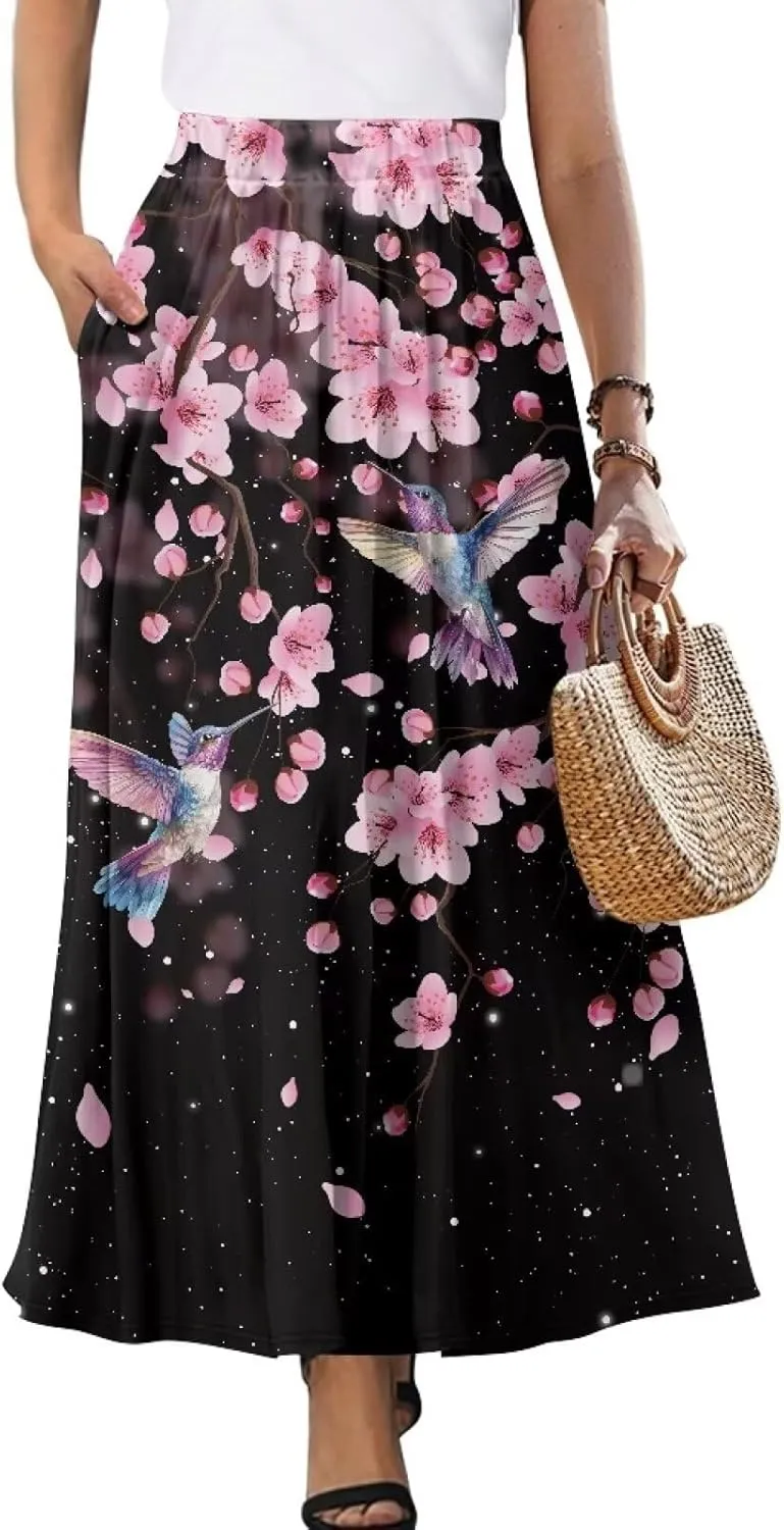 Women Flowy Long Skirts Summer Beach Pleated Elastic High Waisted Casual Maxi Skirts with Pockets Size S-2XL