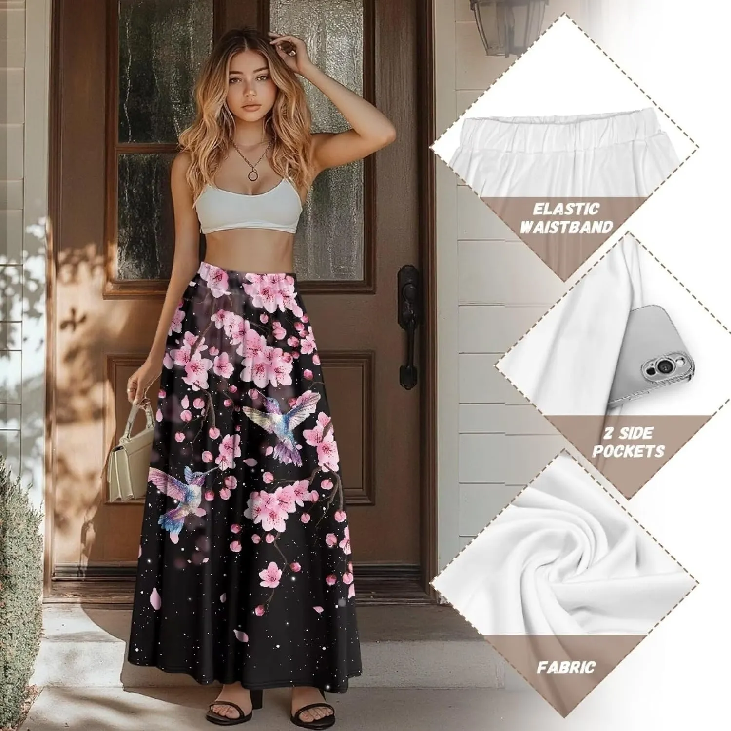 Women Flowy Long Skirts Summer Beach Pleated Elastic High Waisted Casual Maxi Skirts with Pockets Size S-2XL