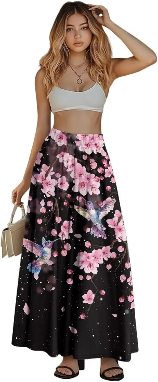 Women Flowy Long Skirts Summer Beach Pleated Elastic High Waisted Casual Maxi Skirts with Pockets Size S-2XL