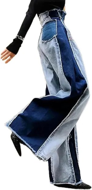 Women High Waist Jeans Patchwork Vintage Streetwear Denim Pant Casual Colorblock Patchwork Wide Leg Denim Trouser