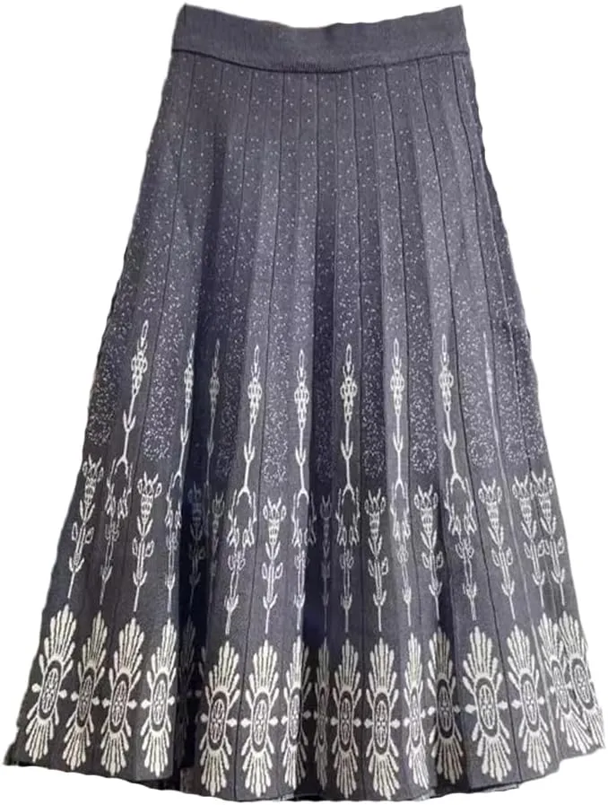 Women High Waist Knitted Midi Skirt A-Line Vintage Print Elegant Pleated Skirts