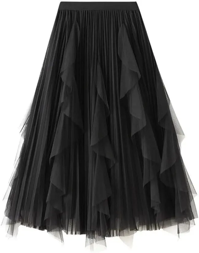 Women High Waist Ruffles Spliced Mesh Pleated Midi Long Skirt Loose Tulle MeshSkirts