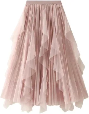 Women High Waist Ruffles Spliced Mesh Pleated Midi Long Skirt Loose Tulle MeshSkirts