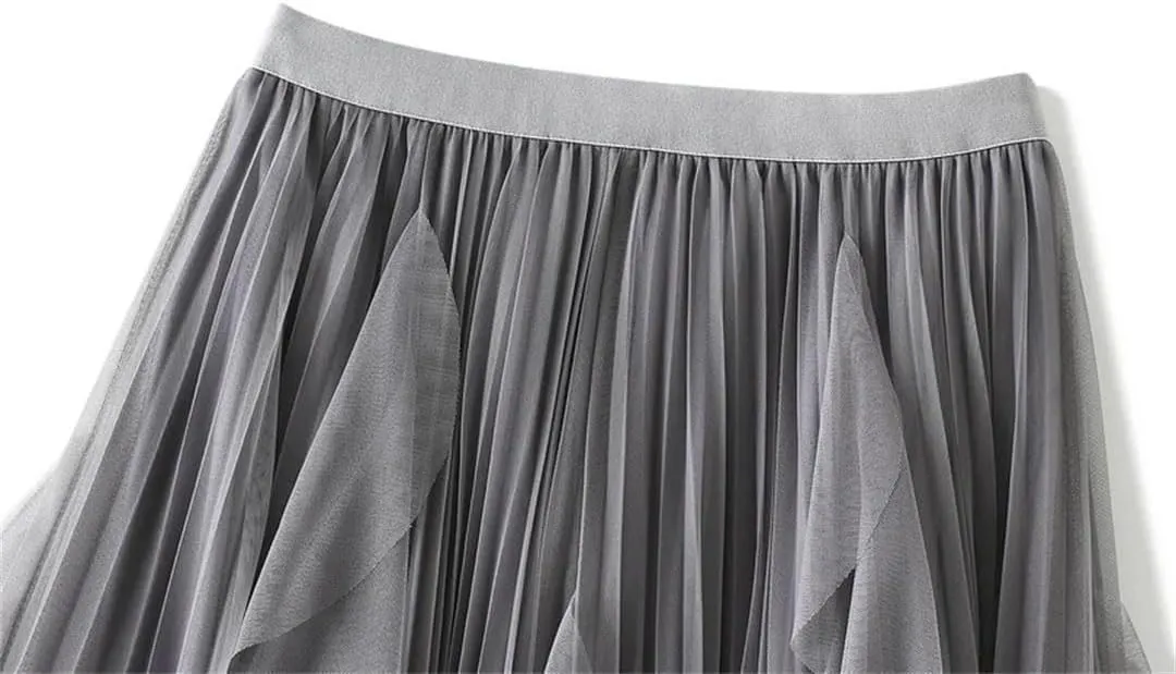 Women High Waist Ruffles Spliced Mesh Pleated Midi Long Skirt Loose Tulle MeshSkirts