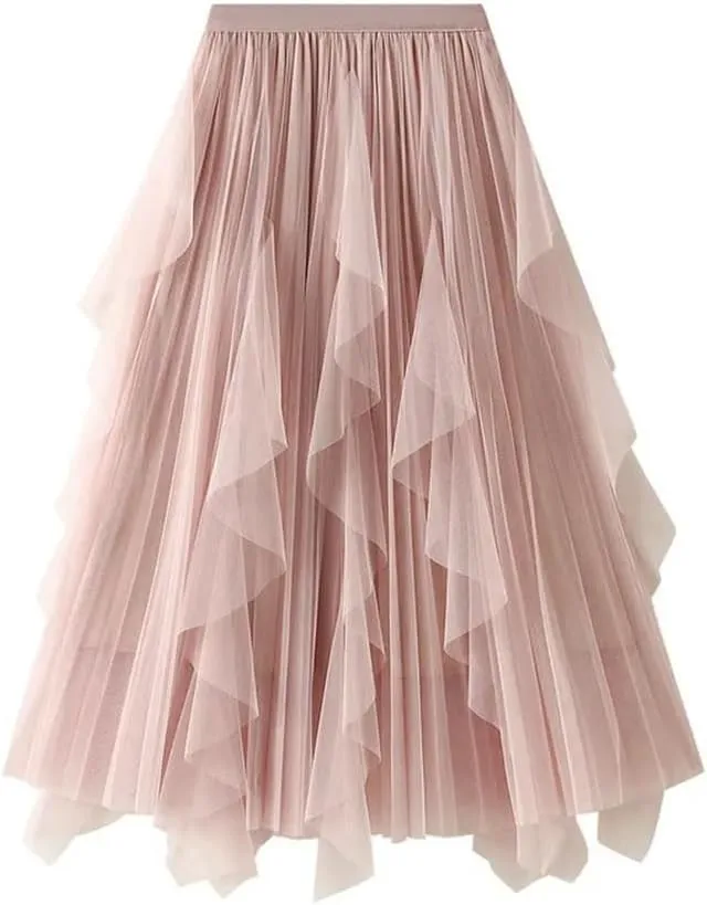 Women High Waist Ruffles Spliced Mesh Pleated Midi Long Skirt Loose Tulle MeshSkirts