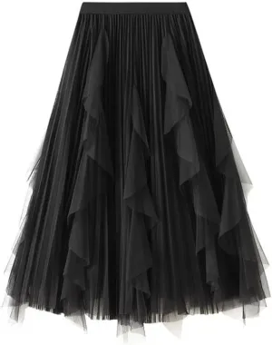Women High Waist Ruffles Spliced Mesh Pleated Midi Long Skirt Loose Tulle MeshSkirts