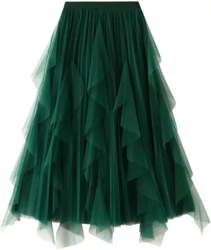 Women High Waist Ruffles Spliced Mesh Pleated Midi Long Skirt Loose Tulle MeshSkirts