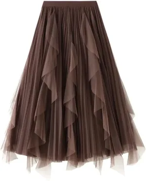 Women High Waist Ruffles Spliced Mesh Pleated Midi Long Skirt Loose Tulle MeshSkirts