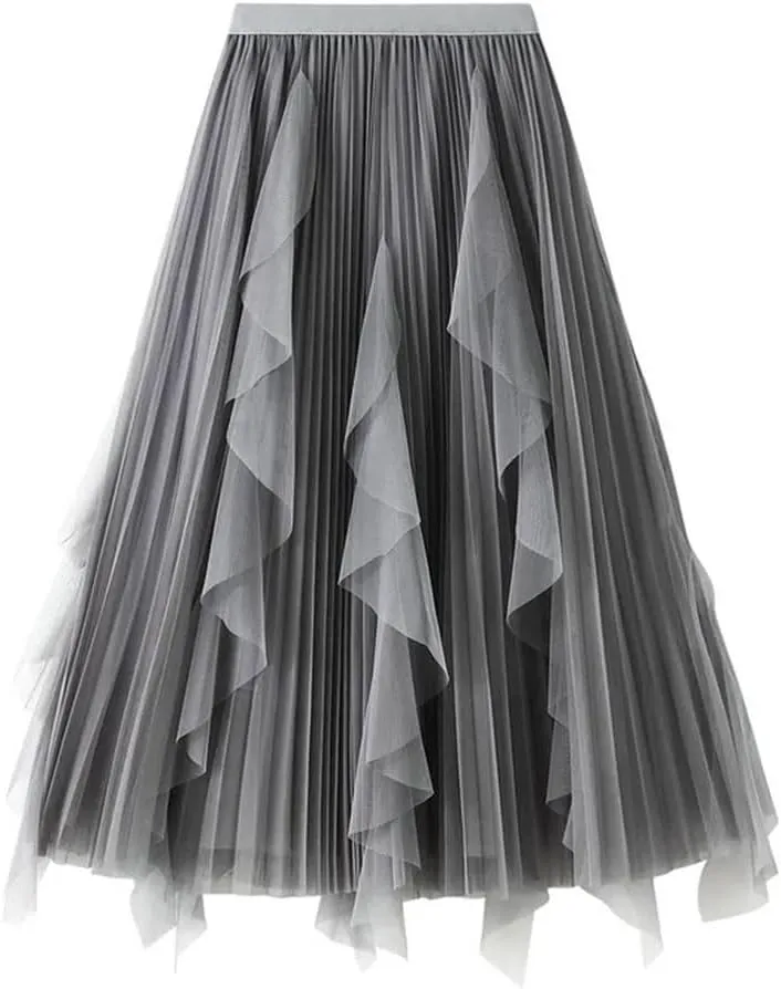 Women High Waist Ruffles Spliced Mesh Pleated Midi Long Skirt Loose Tulle MeshSkirts