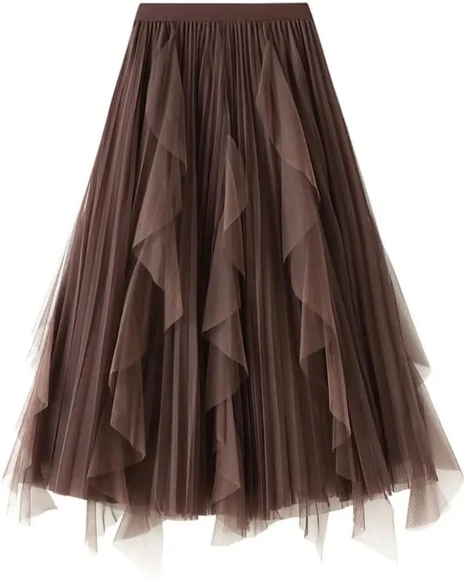 Women High Waist Ruffles Spliced Mesh Pleated Midi Long Skirt Loose Tulle MeshSkirts
