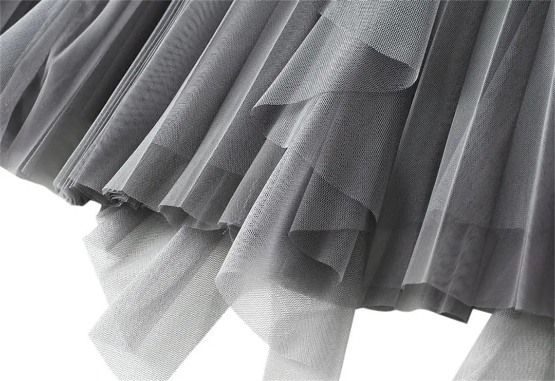 Women High Waist Ruffles Spliced Mesh Pleated Midi Long Skirt Loose Tulle MeshSkirts
