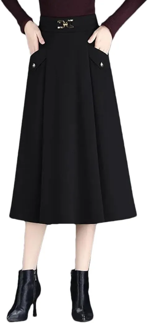 Women High Waisted A-Line Skirt Split Joint Pleated Midi Skirt