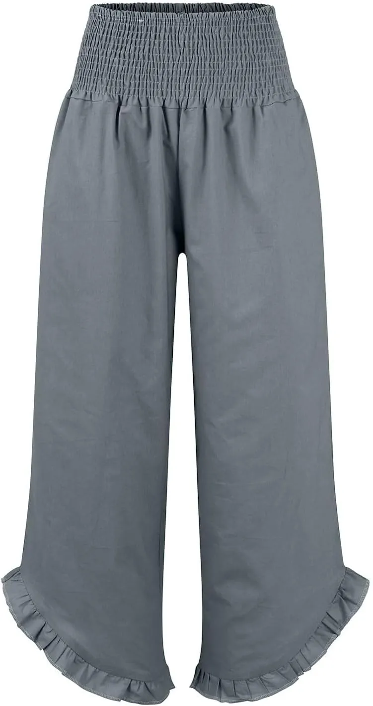 Women High Waisted Linen Palazzo Pants Trendy Pleated Smocked Waist Ruffle Hem Trousers Office Work Dress Casual Pant