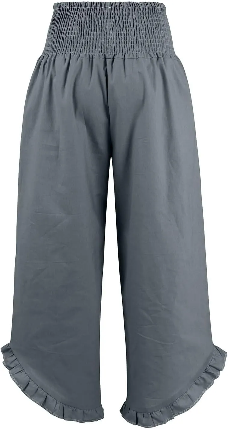 Women High Waisted Linen Palazzo Pants Trendy Pleated Smocked Waist Ruffle Hem Trousers Office Work Dress Casual Pant