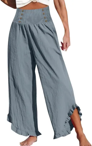 Women High Waisted Linen Palazzo Pants Trendy Pleated Smocked Waist Ruffle Hem Trousers Office Work Dress Casual Pant