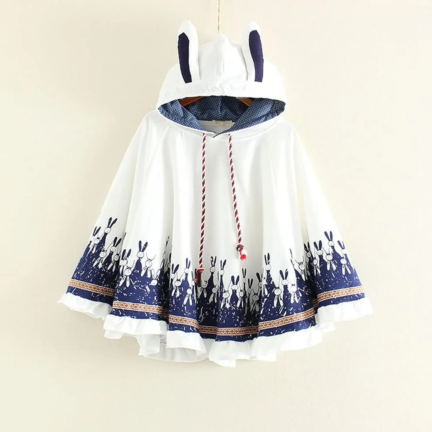 Women Kawaii Bunny Ears Cloak Hoodie Fall Winter Japanese Preppy Cute Rabbit Print Aesthetic Hooded Sweatshirt Cape