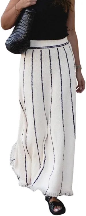 Women Knit Long Skirt Grunge Striped Elastic Waist Knit Skirt Vintage Loose Fit Tassel Y2K Pencil Skirt Dress Streetwear