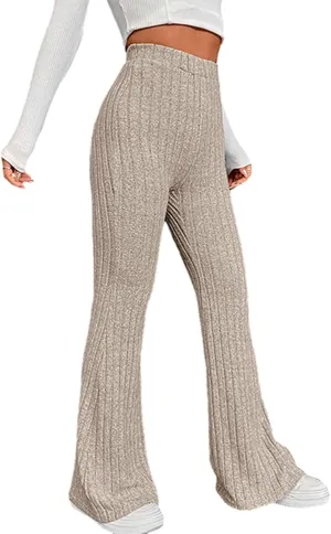 Women Knitted High Waist Flared Pants Stretch Solid Color Ribbed Bell Bottoms Elastic Stretchy Yoga Trousers