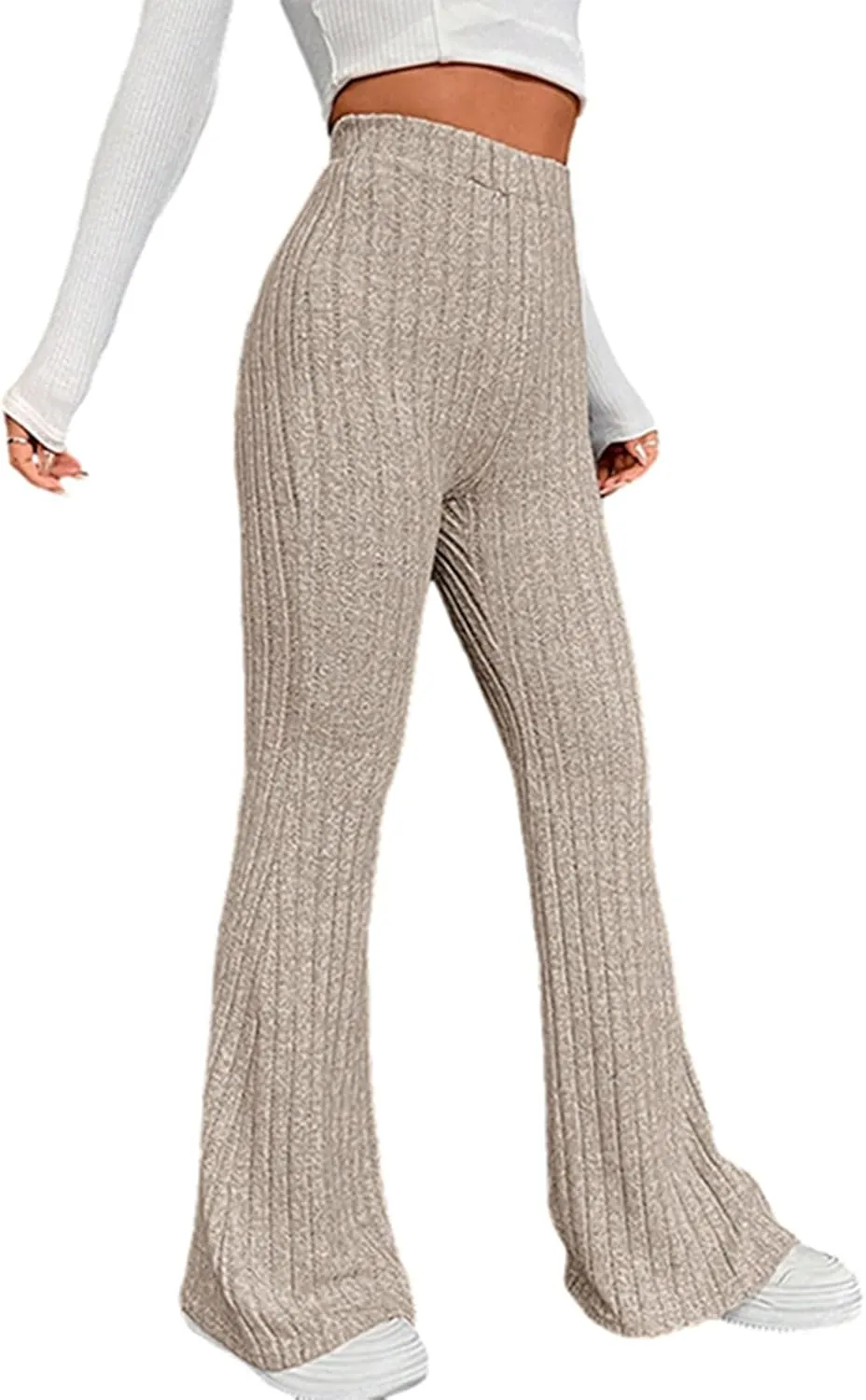 Women Knitted High Waist Flared Pants Stretch Solid Color Ribbed Bell Bottoms Elastic Stretchy Yoga Trousers