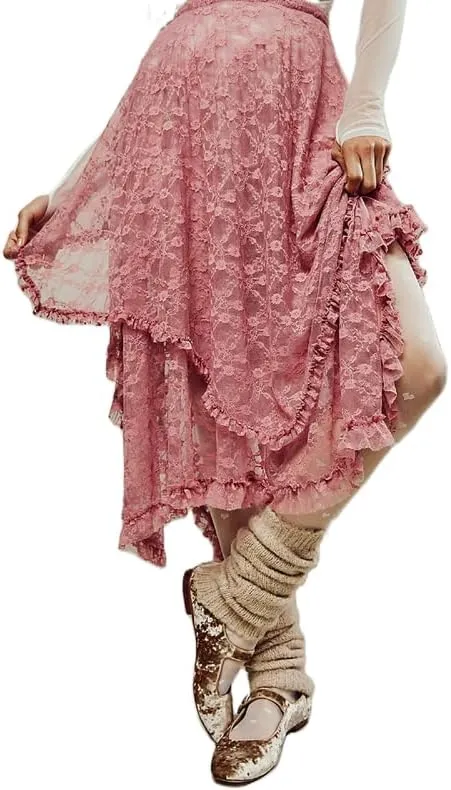 Women Lace Ruffle Courtship Half Slip Elastic Waist Asymmetrical Hemline Midi Skirts Semi Sheer Layered Maxi Skirts