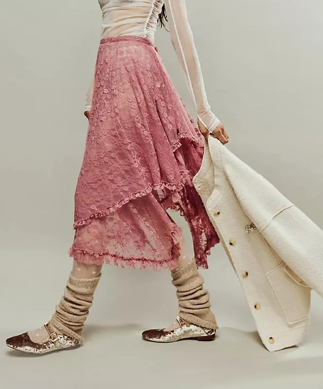 Women Lace Ruffle Courtship Half Slip Elastic Waist Asymmetrical Hemline Midi Skirts Semi Sheer Layered Maxi Skirts