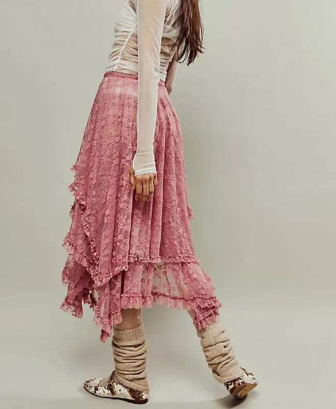 Women Lace Ruffle Courtship Half Slip Elastic Waist Asymmetrical Hemline Midi Skirts Semi Sheer Layered Maxi Skirts