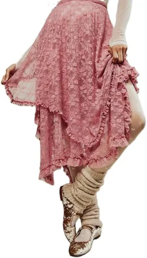 Women Lace Ruffle Courtship Half Slip Elastic Waist Asymmetrical Hemline Midi Skirts Semi Sheer Layered Maxi Skirts