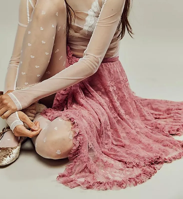 Women Lace Ruffle Courtship Half Slip Elastic Waist Asymmetrical Hemline Midi Skirts Semi Sheer Layered Maxi Skirts