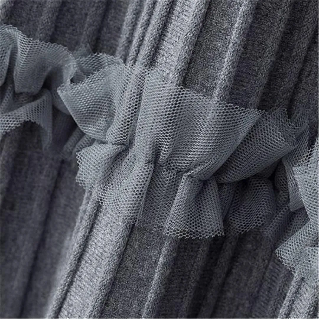 Women Lace Ruffle Knitted Midi Pleated Skirt High Waist Stitching A-Line Long Umbrella Skirt