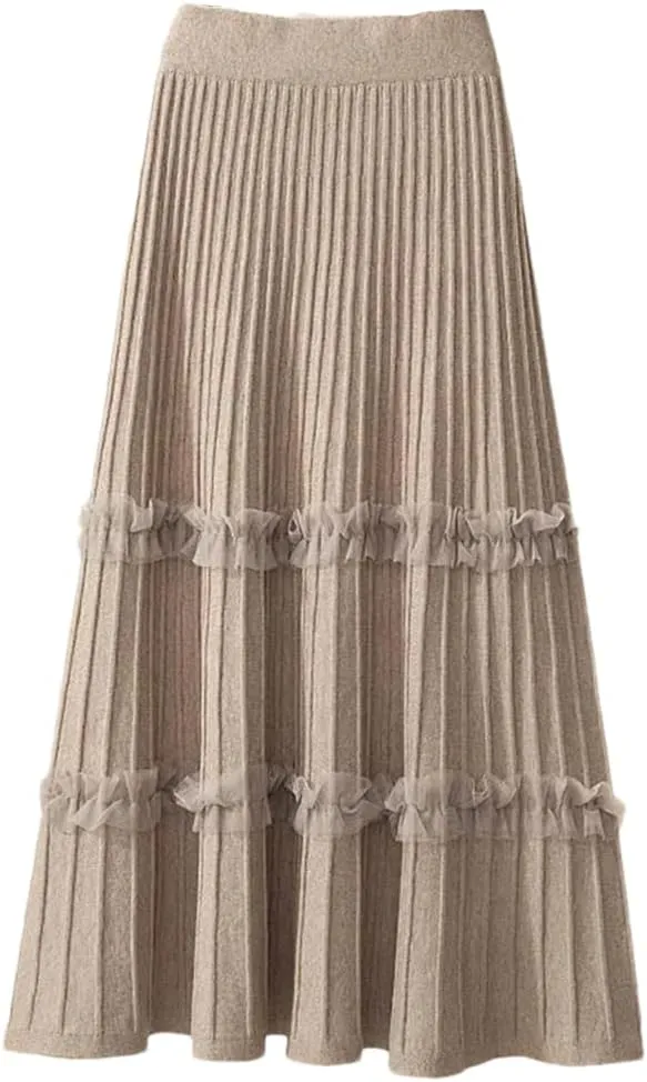Women Lace Ruffle Knitted Midi Pleated Skirt High Waist Stitching A-Line Long Umbrella Skirt