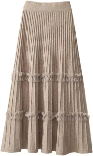 Women Lace Ruffle Knitted Midi Pleated Skirt High Waist Stitching A-Line Long Umbrella Skirt