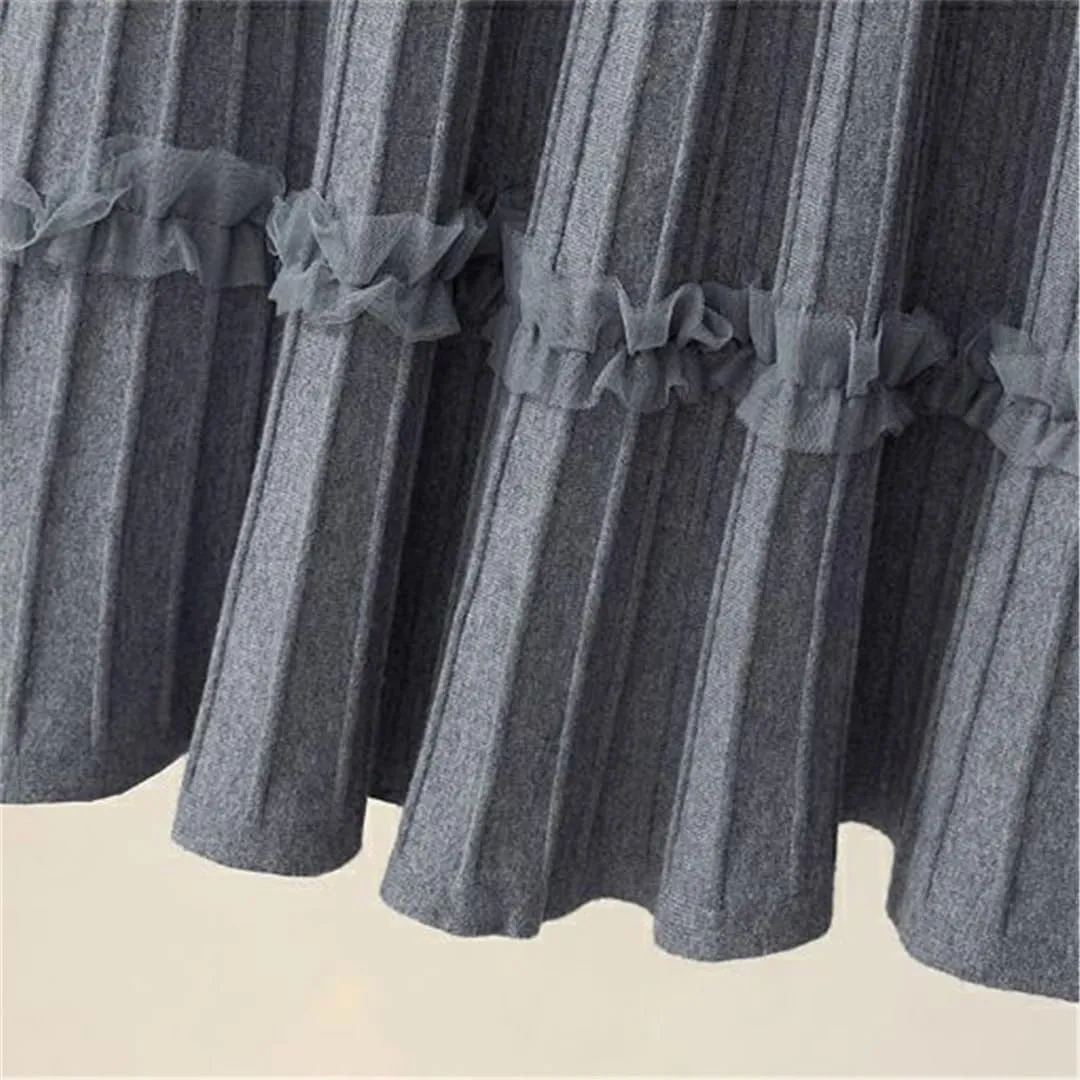Women Lace Ruffle Knitted Midi Pleated Skirt High Waist Stitching A-Line Long Umbrella Skirt