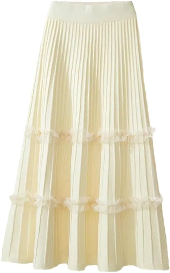 Women Lace Ruffle Knitted Midi Pleated Skirt High Waist Stitching A-Line Long Umbrella Skirt