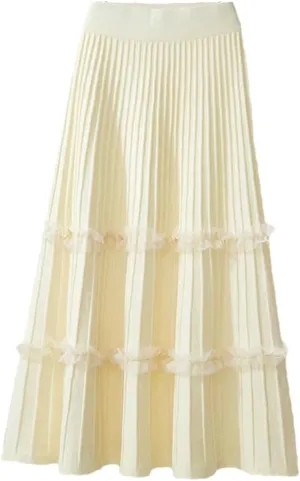 Women Lace Ruffle Knitted Midi Pleated Skirt High Waist Stitching A-Line Long Umbrella Skirt
