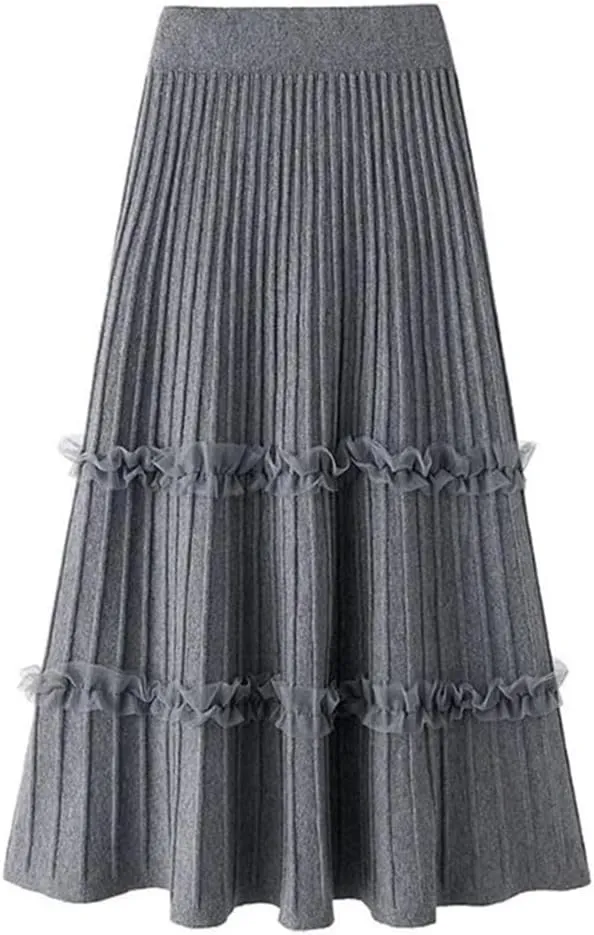 Women Lace Ruffle Knitted Midi Pleated Skirt High Waist Stitching A-Line Long Umbrella Skirt