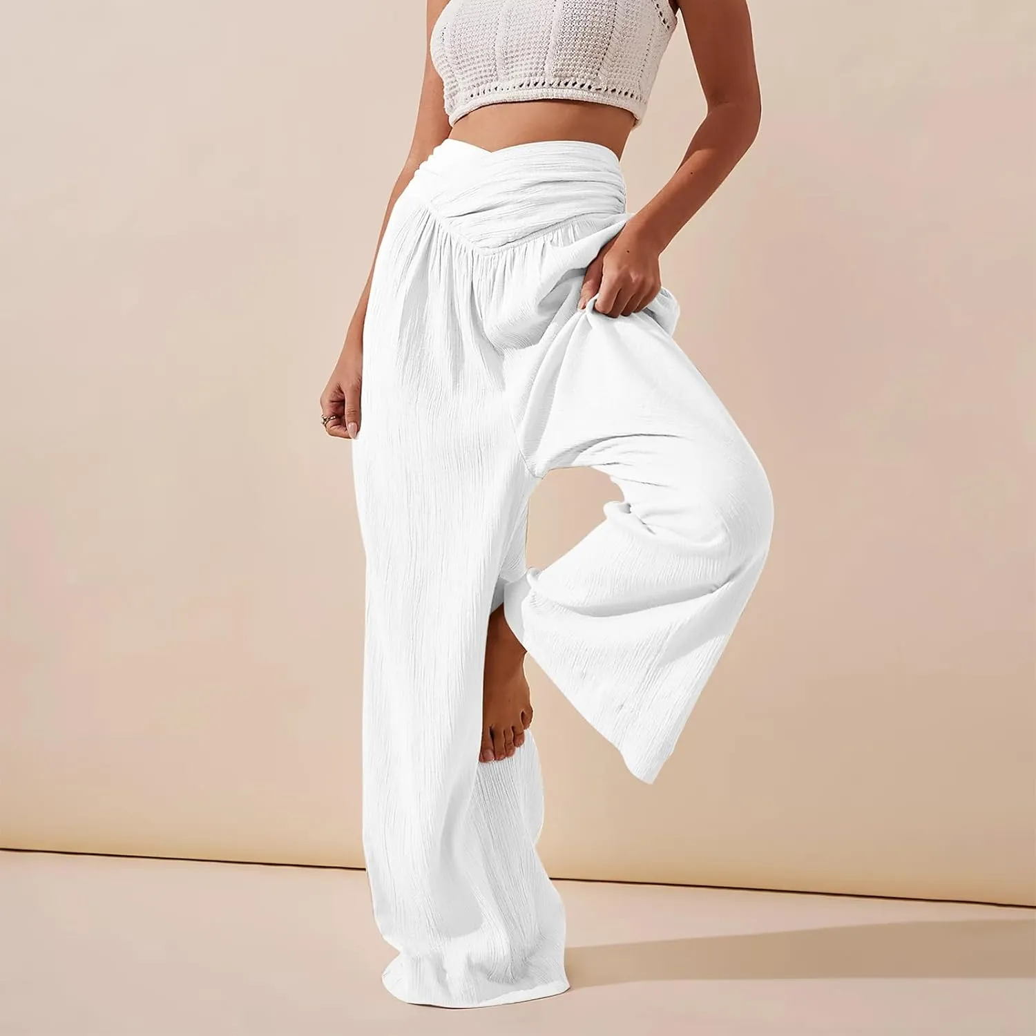 Women Linen Pants Crossover Wide Leg Pants Dressy Palazzo Pants Summer Boho Pants with Pocket Casual Lounge Pant