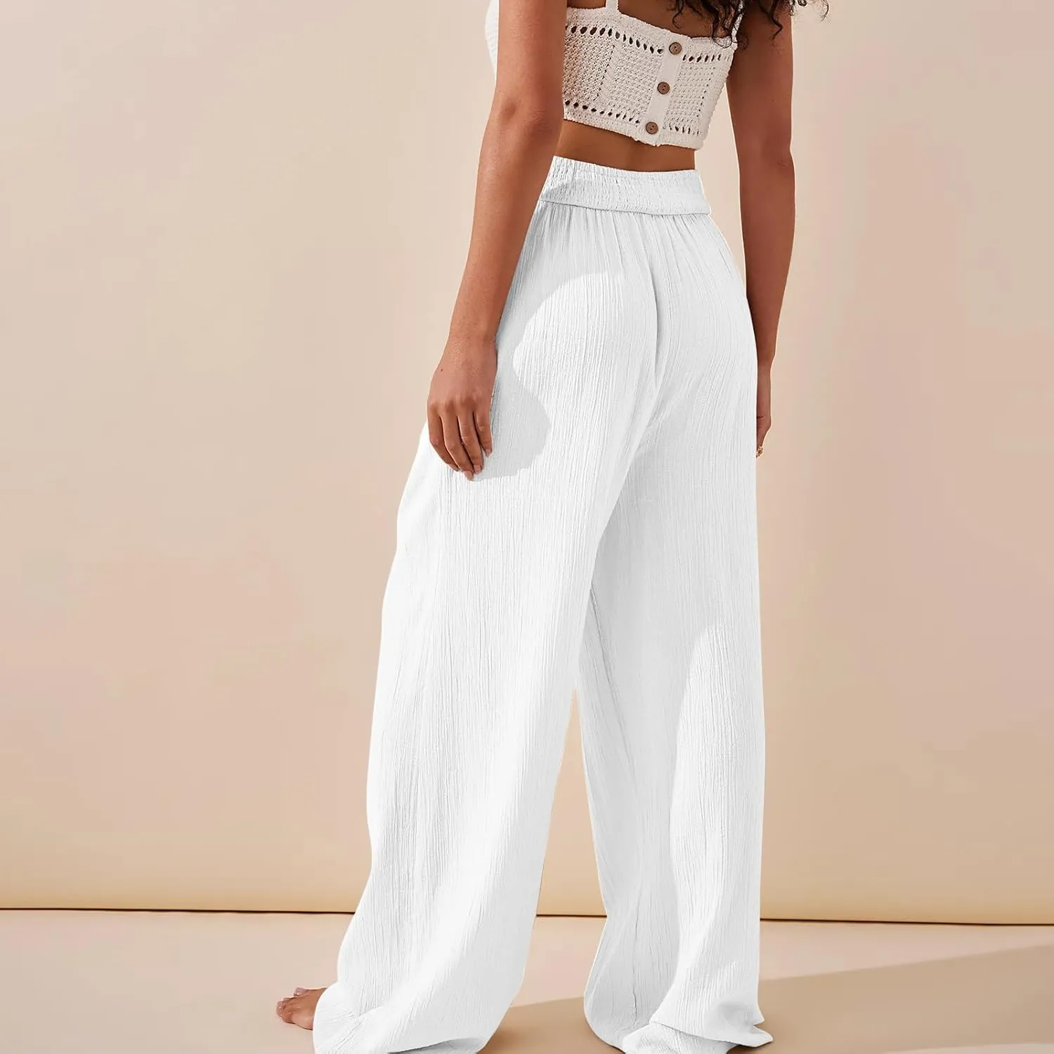 Women Linen Pants Crossover Wide Leg Pants Dressy Palazzo Pants Summer Boho Pants with Pocket Casual Lounge Pant