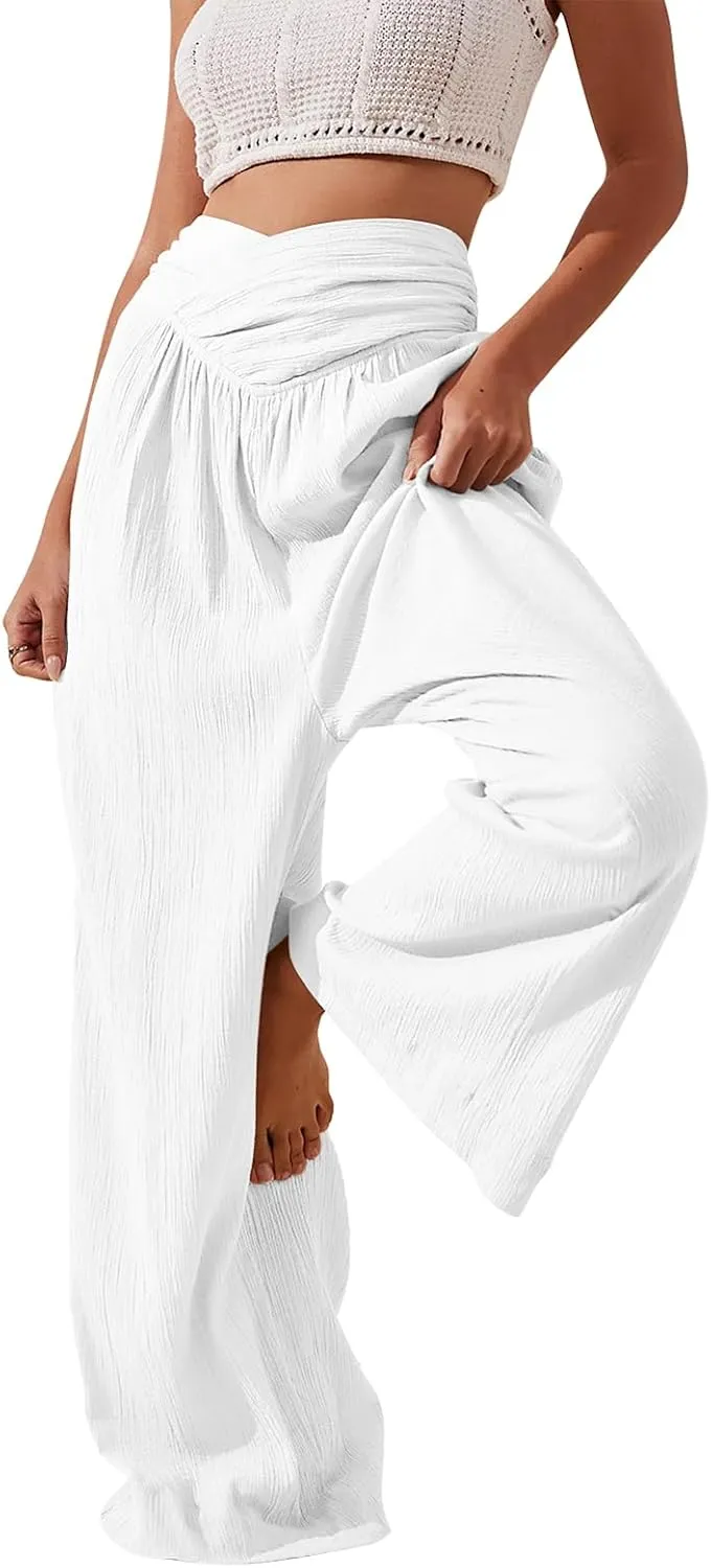 Women Linen Pants Crossover Wide Leg Pants Dressy Palazzo Pants Summer Boho Pants with Pocket Casual Lounge Pant