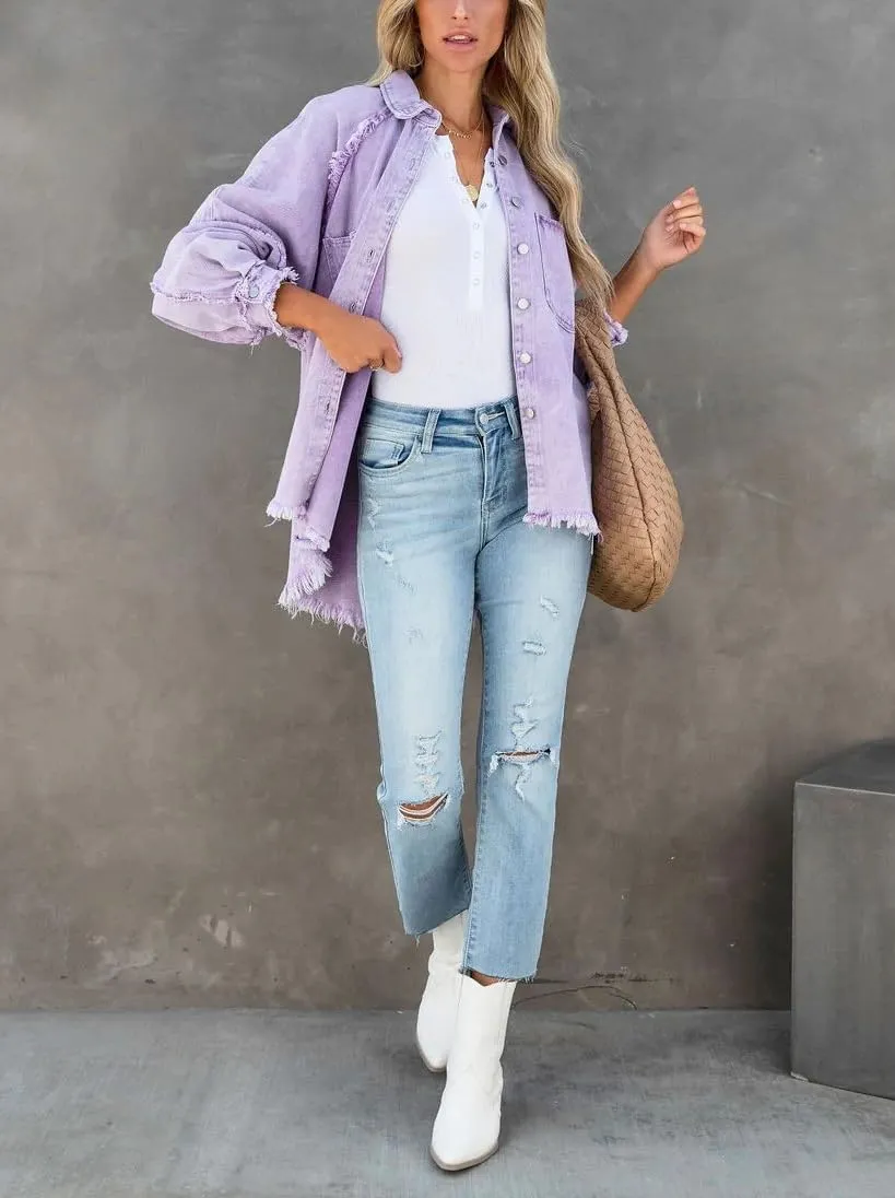 Women Long Sleeve Denim Jacket Oversized Lapel Button Up Shacket Casual Boyfriend Western Trucker Jean Jackets