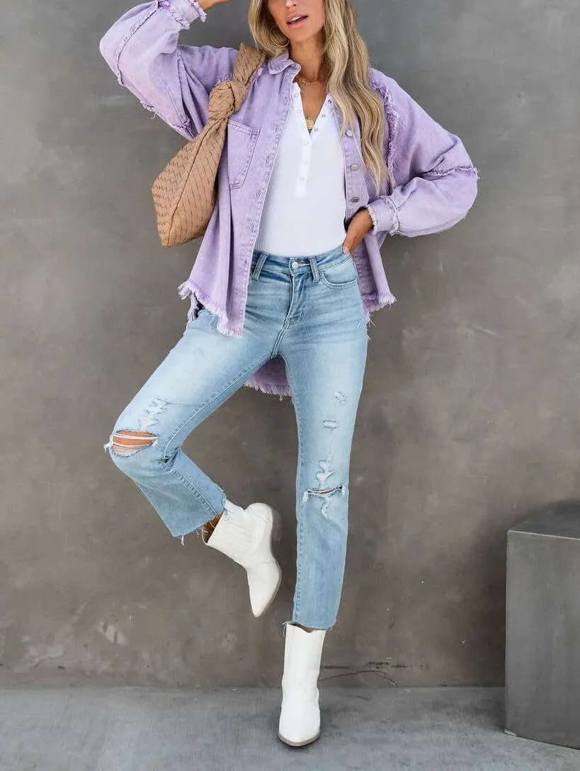 Women Long Sleeve Denim Jacket Oversized Lapel Button Up Shacket Casual Boyfriend Western Trucker Jean Jackets
