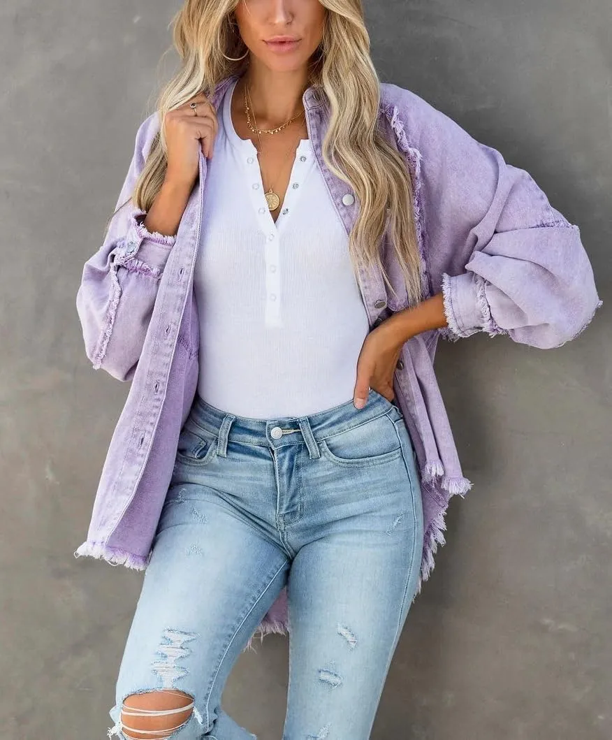 Women Long Sleeve Denim Jacket Oversized Lapel Button Up Shacket Casual Boyfriend Western Trucker Jean Jackets